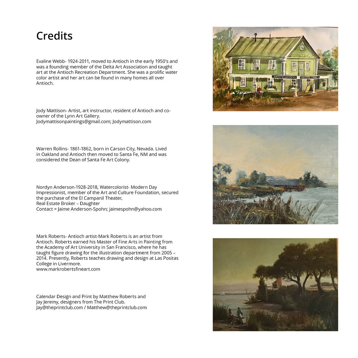 The Credits Page for the Sesquicentennial Calendar